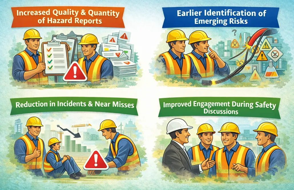 Outcomes of hazard identification training: more and better hazard reports, earlier identification of emerging risks, fewer incidents and near misses, and better engagement