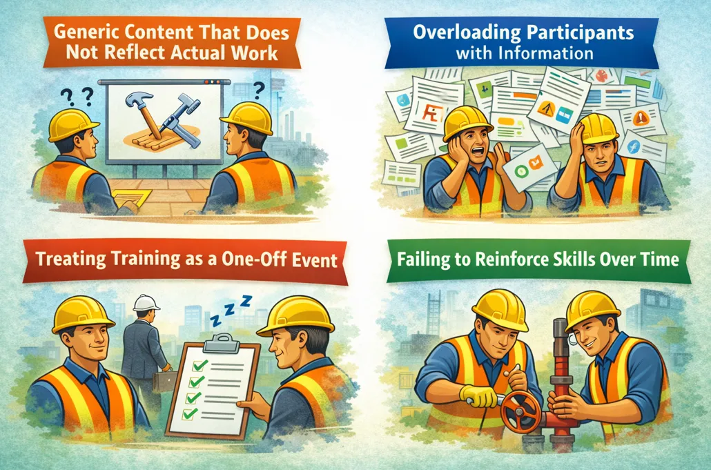 Common training mistakes: generic content, overloading participants with information, treating training as a one-off event and failing to reinforce skills