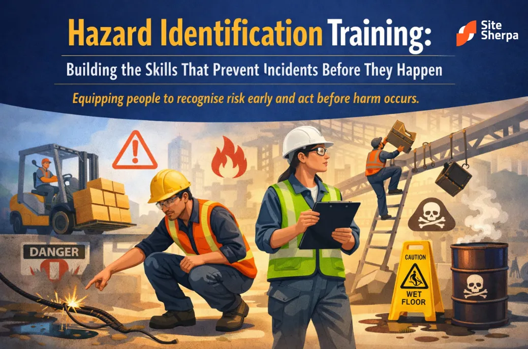 Hazard identification training banner showing workers spotting hazards like exposed live cables, wet floors, falling loads and toxic chemicals on a worksite
