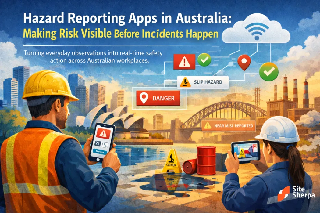 Workers using hazard reporting apps on a phone and tablet near Sydney Harbour, with alerts for slip hazards, danger and near misses