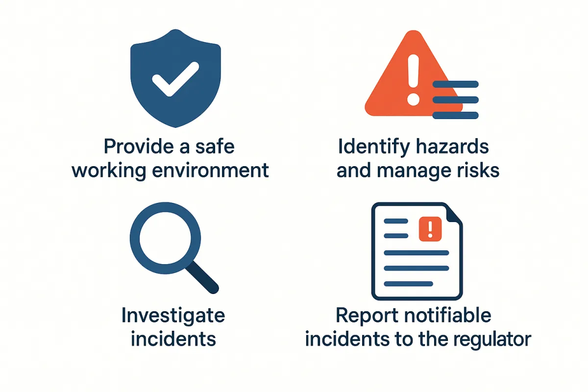 Four employer WHS duties: provide a safe working environment, identify hazards and manage risks, investigate incidents, report notifiable incidents
