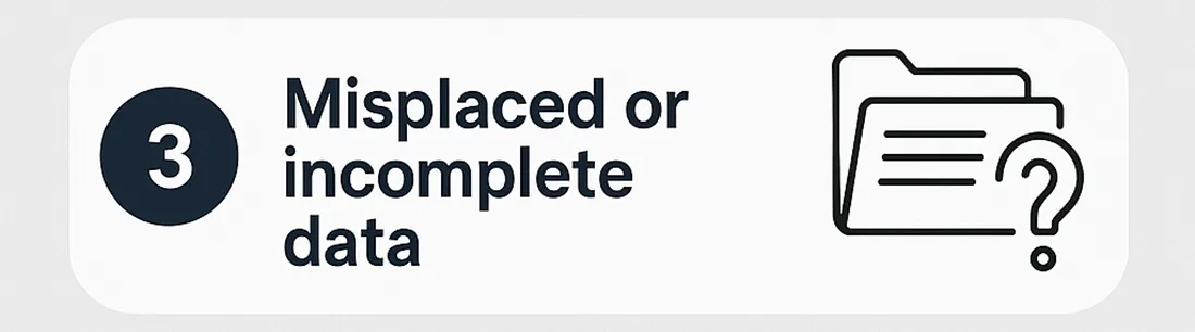 Challenge three of traditional incident reporting: misplaced or incomplete data, shown with a folder and question mark icon