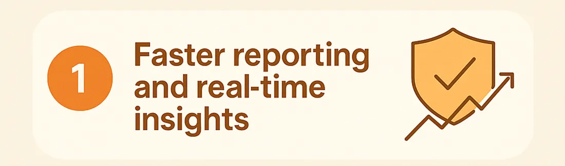 Benefit one of incident reporting software: faster reporting and real-time insights, shown with a shield and rising trend line