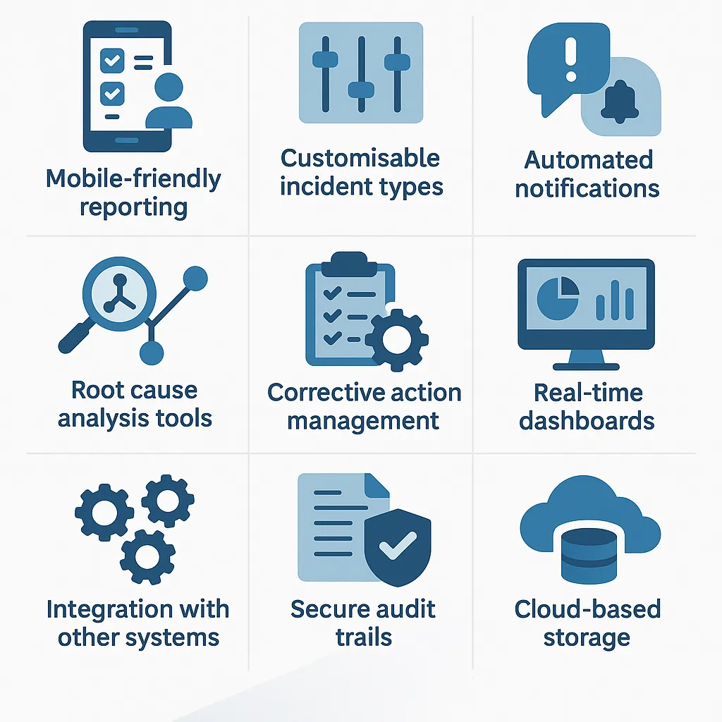 Nine key incident reporting software features, including mobile reporting, automated notifications, root cause analysis, real-time dashboards, audit trails and cloud storage