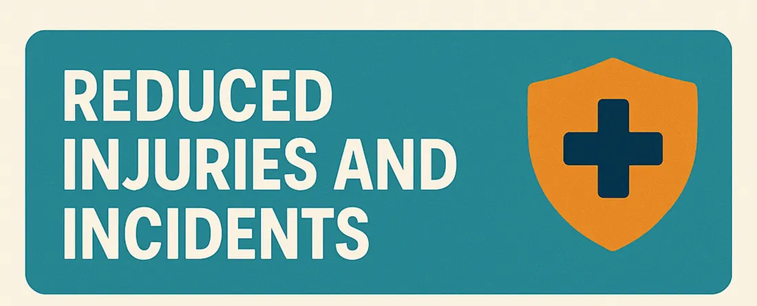 Banner reading "Reduced injuries and incidents" with an orange shield and medical cross icon