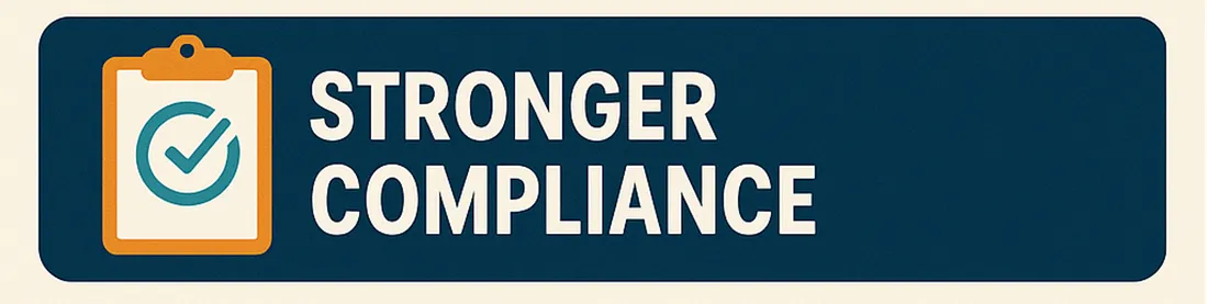 Banner reading "Stronger compliance" with a clipboard and checkmark icon