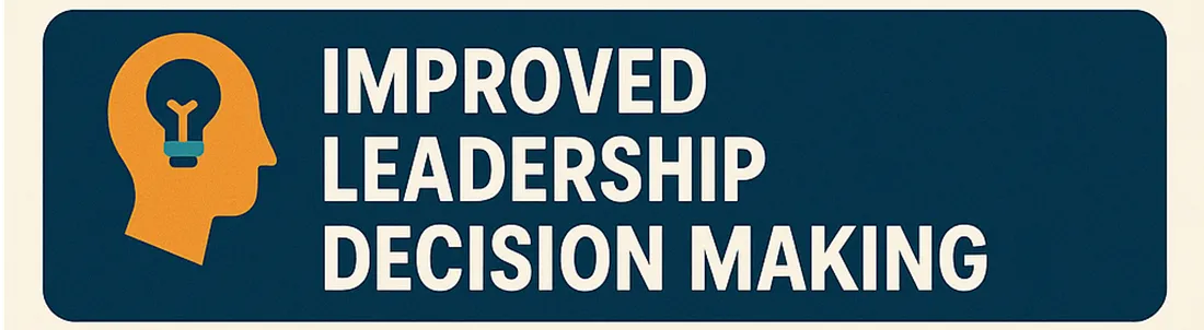 Banner reading "Improved leadership decision making" with a head and lightbulb icon