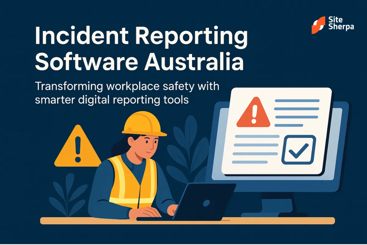 Worker in hard hat and hi-vis vest using a laptop beside a screen showing an incident report with a warning icon and checkmark