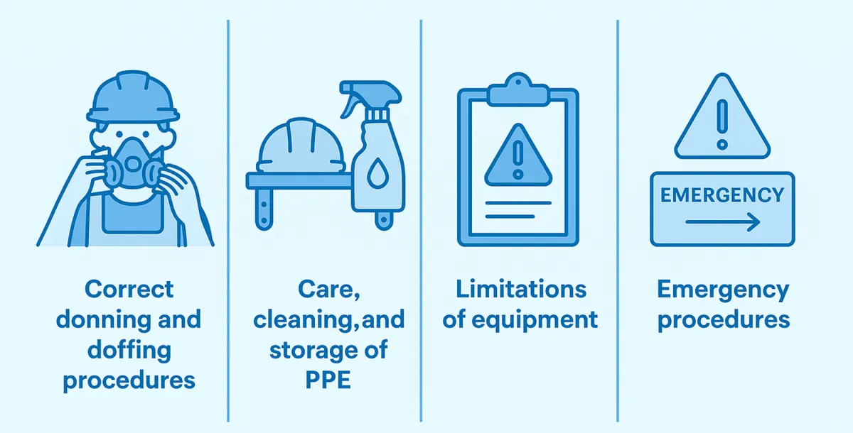 PPE training topics: donning and doffing, care, cleaning and storage, equipment limitations and emergency procedures
