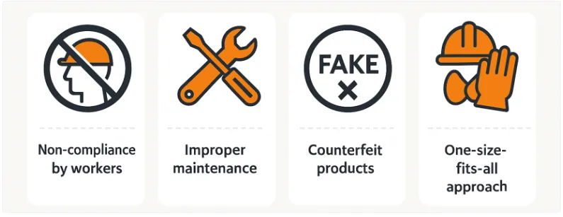 Common PPE compliance problems: worker non-compliance, improper maintenance, counterfeit products and one-size-fits-all approaches