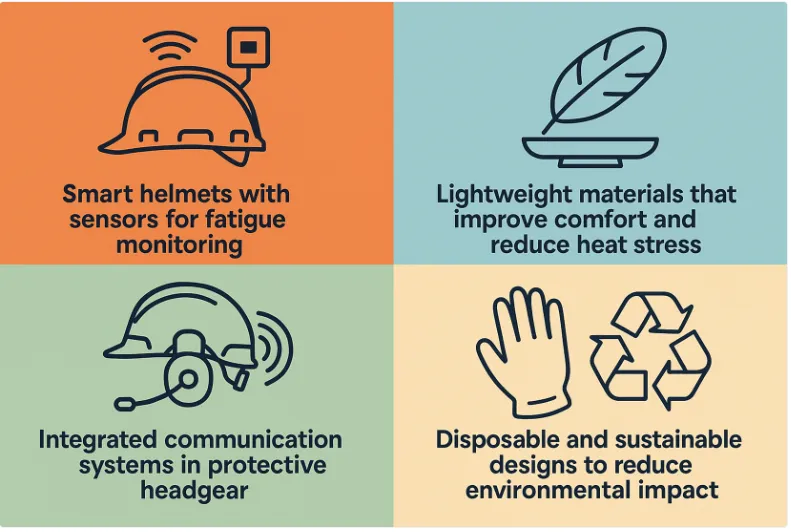 PPE innovations: smart helmets with fatigue sensors, lightweight materials, built-in communication headsets and sustainable designs