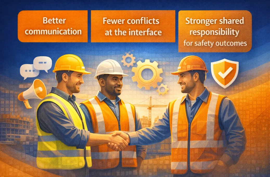 Workers shaking hands, illustrating better communication, fewer interface conflicts and stronger shared responsibility for safety outcomes