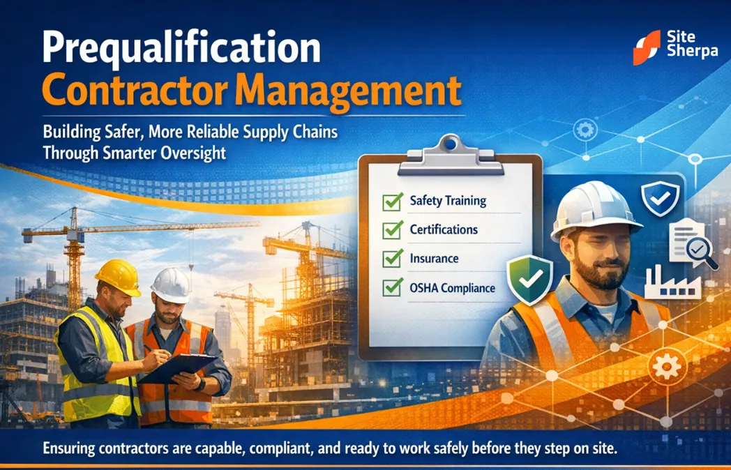 Prequalification contractor management cover with workers on a construction site and a checklist of training, certifications and insurance