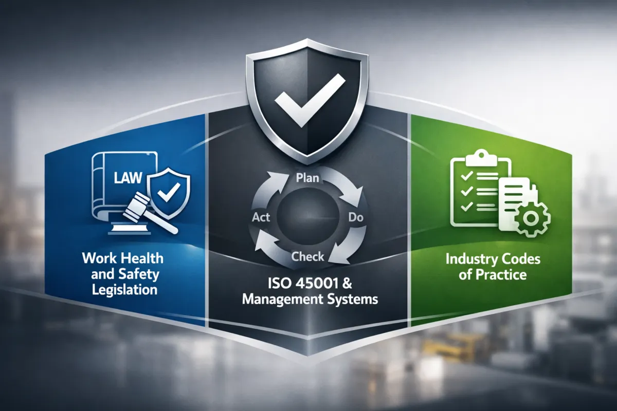 Frameworks supported by risk registers: WHS legislation, ISO 45001 Plan-Do-Check-Act management systems and industry codes of practice
