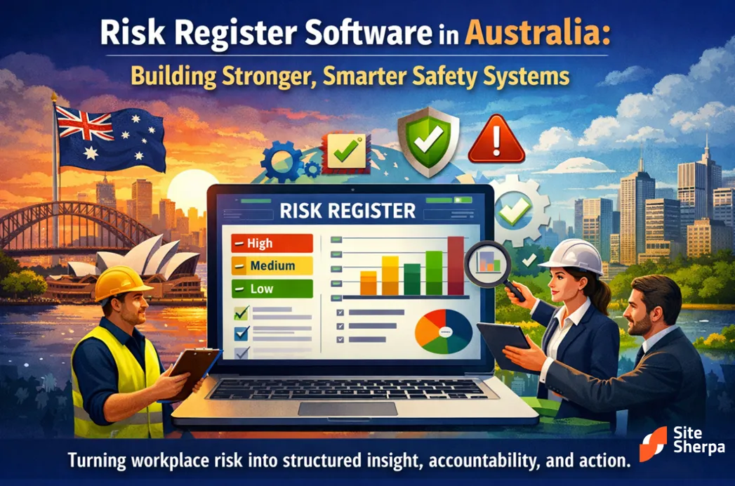 Cover for risk register software in Australia: workers review a risk register dashboard on a laptop in front of the Sydney skyline