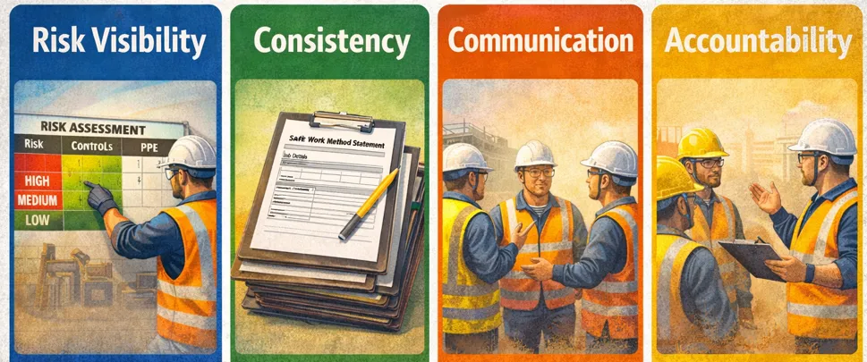 Four benefits of SWMS for high-risk work: risk visibility, consistency, communication and accountability, shown with construction workers and documents