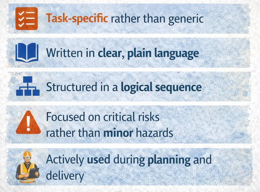 Qualities of an effective SWMS: task-specific, written in plain language, logically sequenced, focused on critical risks and actively used on site