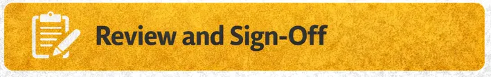 Section banner reading Review and Sign-Off, the final component of a Safe Work Method Statement