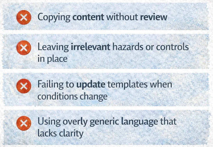 Common SWMS template mistakes: copying without review, leaving irrelevant hazards, failing to update templates and using overly generic language