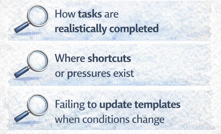 Points to consider when writing SWMS: how tasks are realistically completed, where shortcuts or pressures exist, and keeping templates updated