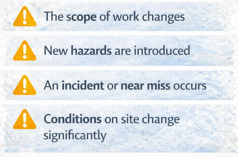 When to review a SWMS: scope of work changes, new hazards are introduced, an incident or near miss occurs, or site conditions change