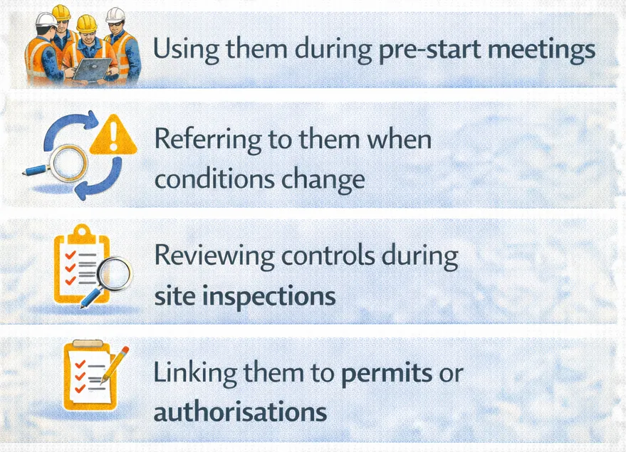 Using SWMS on site: in pre-start meetings, when conditions change, during site inspections and linked to permits or authorisations