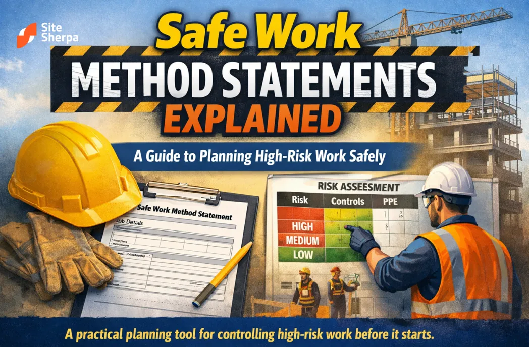 Safe Work Method Statements Explained cover showing a hard hat, SWMS clipboard and a worker reviewing a high, medium and low risk assessment board