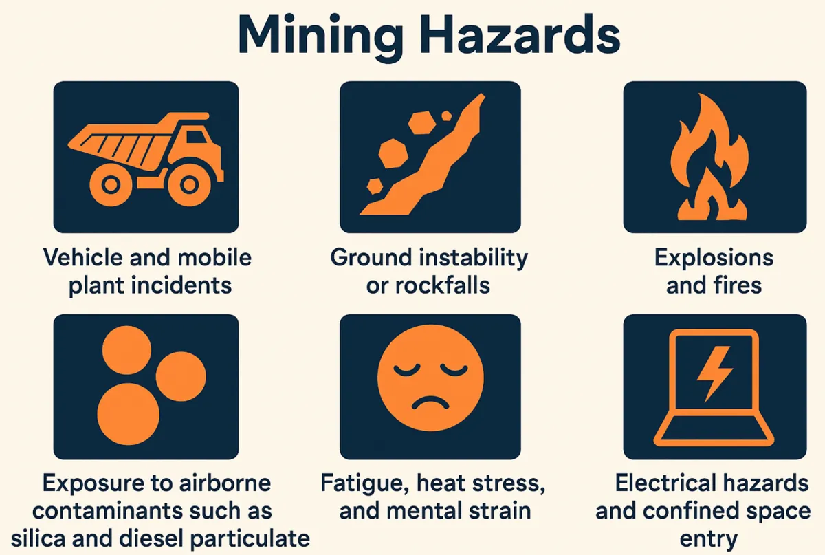 Common mining hazards: vehicle and plant incidents, ground instability, explosions and fires, airborne contaminants, fatigue and heat stress, electrical and confined space risks