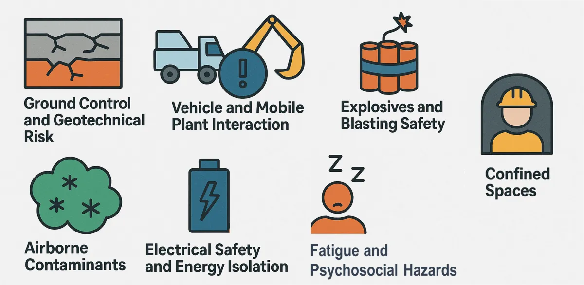 Key mining risk areas: ground control, vehicle and mobile plant interaction, explosives, confined spaces, airborne contaminants, electrical safety and fatigue