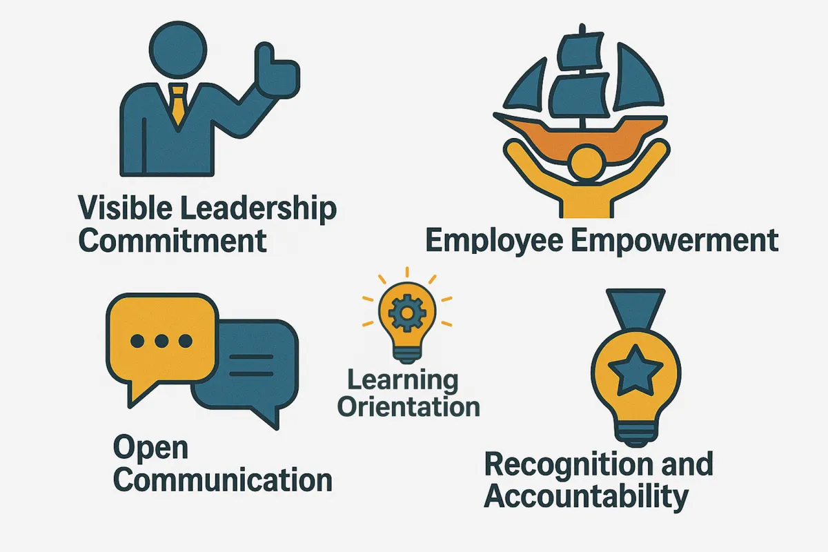 Elements of a mining safety culture: visible leadership commitment, employee empowerment, open communication, learning orientation, and recognition and accountability