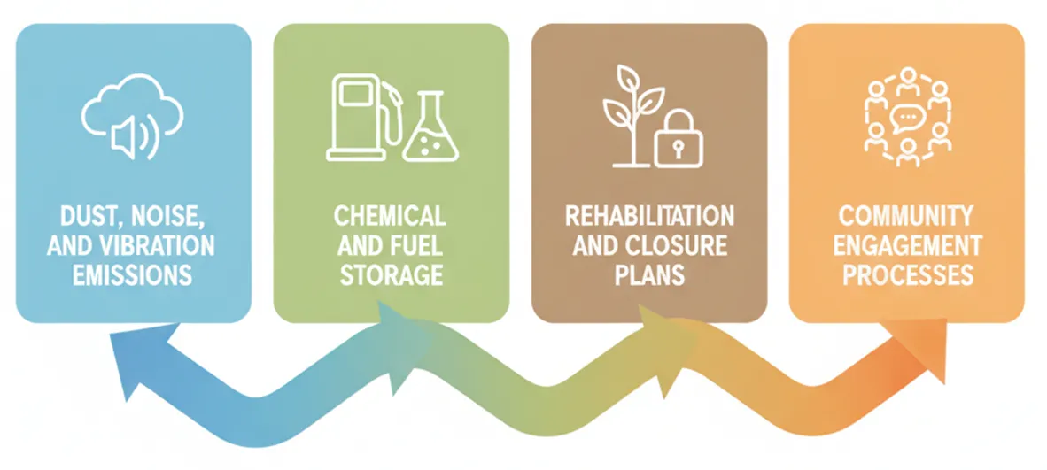 Environmental safety areas in mining: dust, noise and vibration emissions, chemical and fuel storage, rehabilitation and closure plans, community engagement