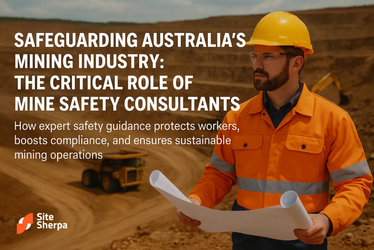 Mine safety consultant in orange hi-vis holding plans at an open-cut mine with a haul truck, beside the article title