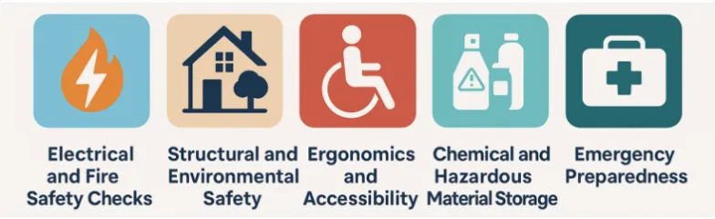 Home safety audit areas: electrical and fire safety, structural and environmental safety, ergonomics and accessibility, chemical storage and emergency preparedness