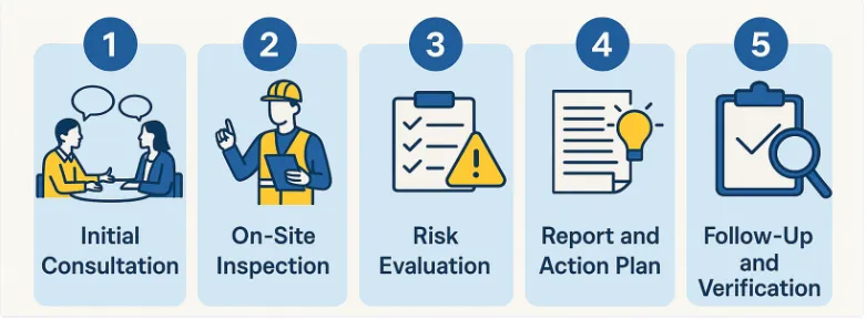 Five-step home safety audit process: initial consultation, on-site inspection, risk evaluation, report and action plan, and follow-up verification