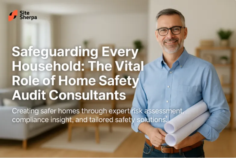 Smiling home safety audit consultant holding plans in a living room, for a post on safeguarding households