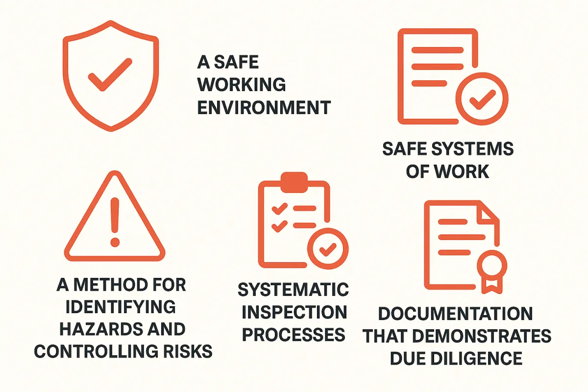 WHS duties supported by inspections: a safe working environment, safe systems of work, hazard identification, systematic inspections and due diligence documentation