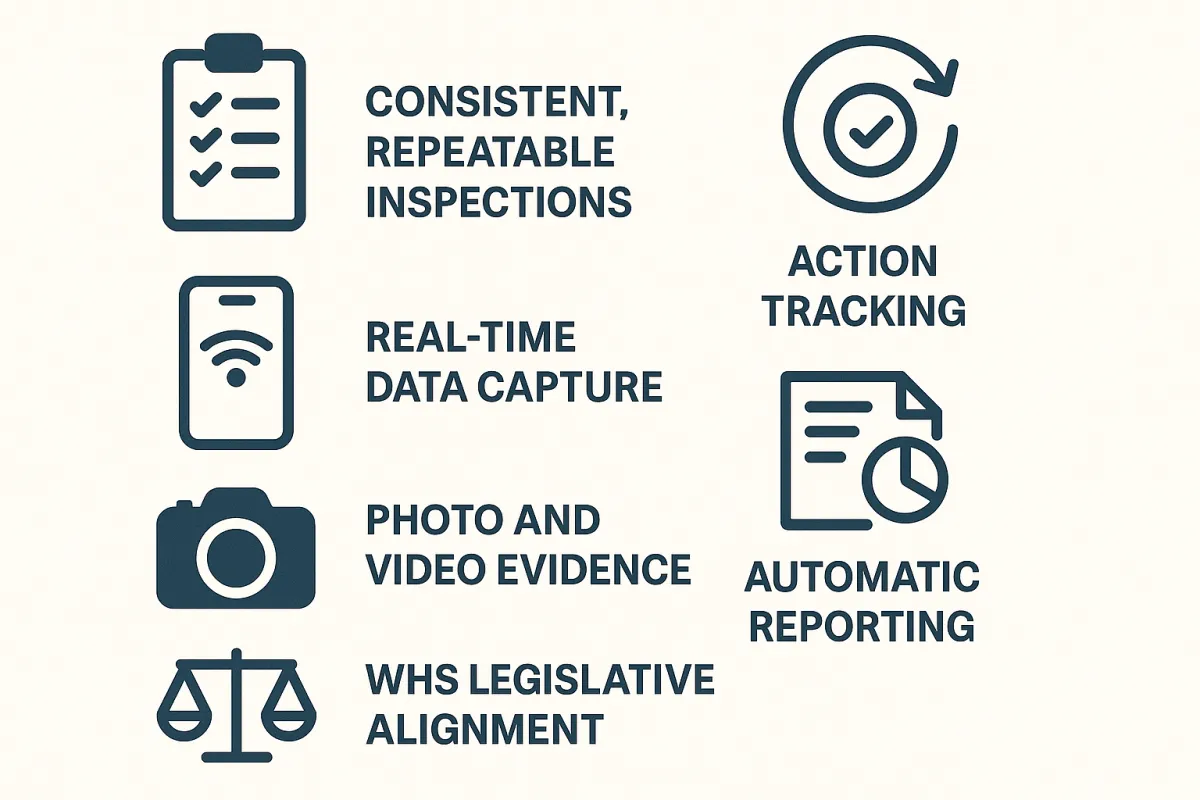 What a safety inspection app delivers: consistent inspections, real-time data capture, photo and video evidence, WHS alignment, action tracking and automatic reporting