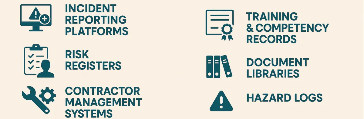 Systems a safety inspection app integrates with: incident reporting, risk registers, contractor management, training records, document libraries and hazard logs