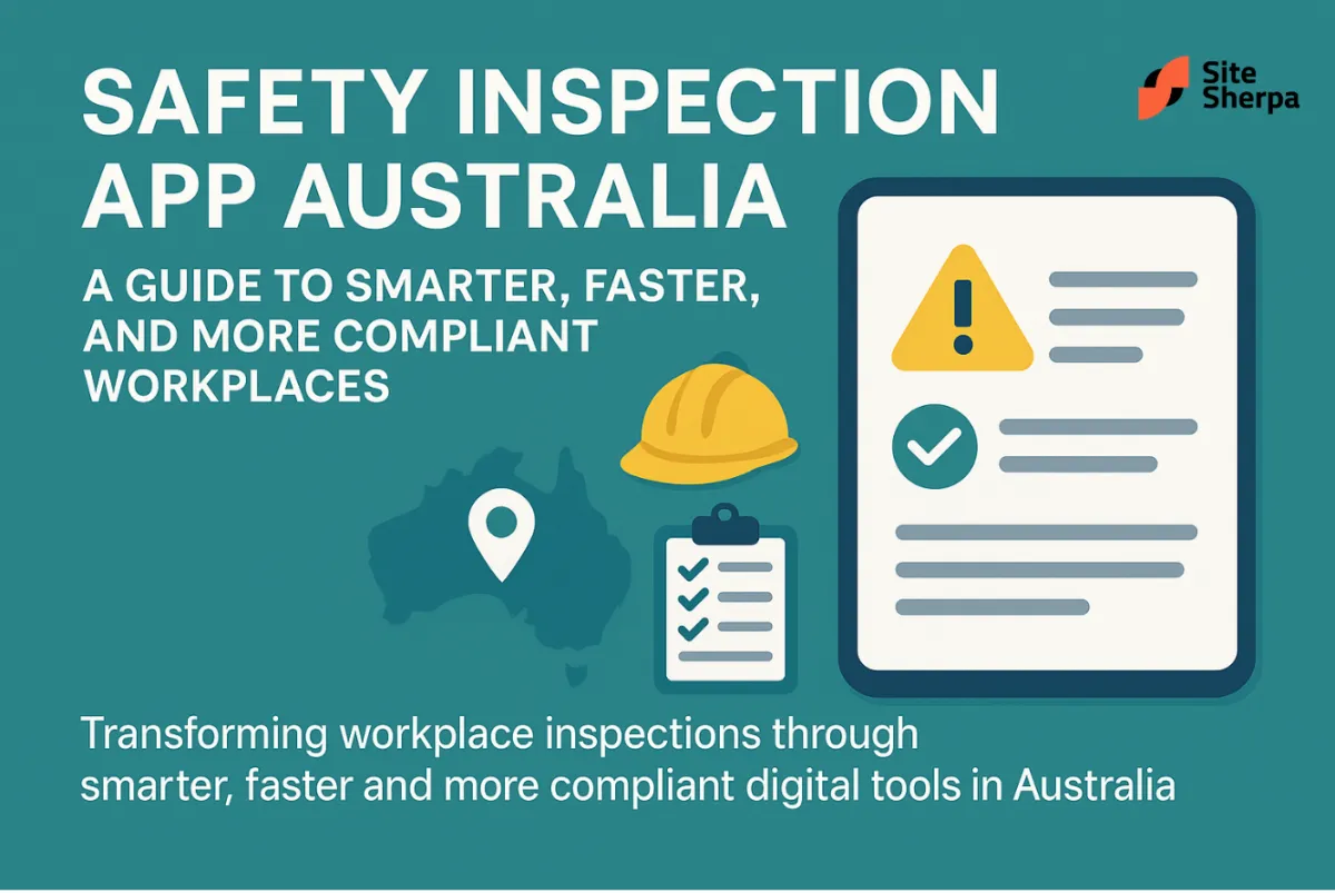 Safety inspection app Australia banner with a hard hat, checklist and inspection report beside a map of Australia