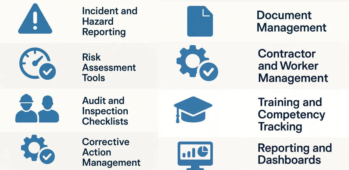 Core safety software modules: incident reporting, risk assessment, audits, corrective actions, documents, contractors, training and dashboards