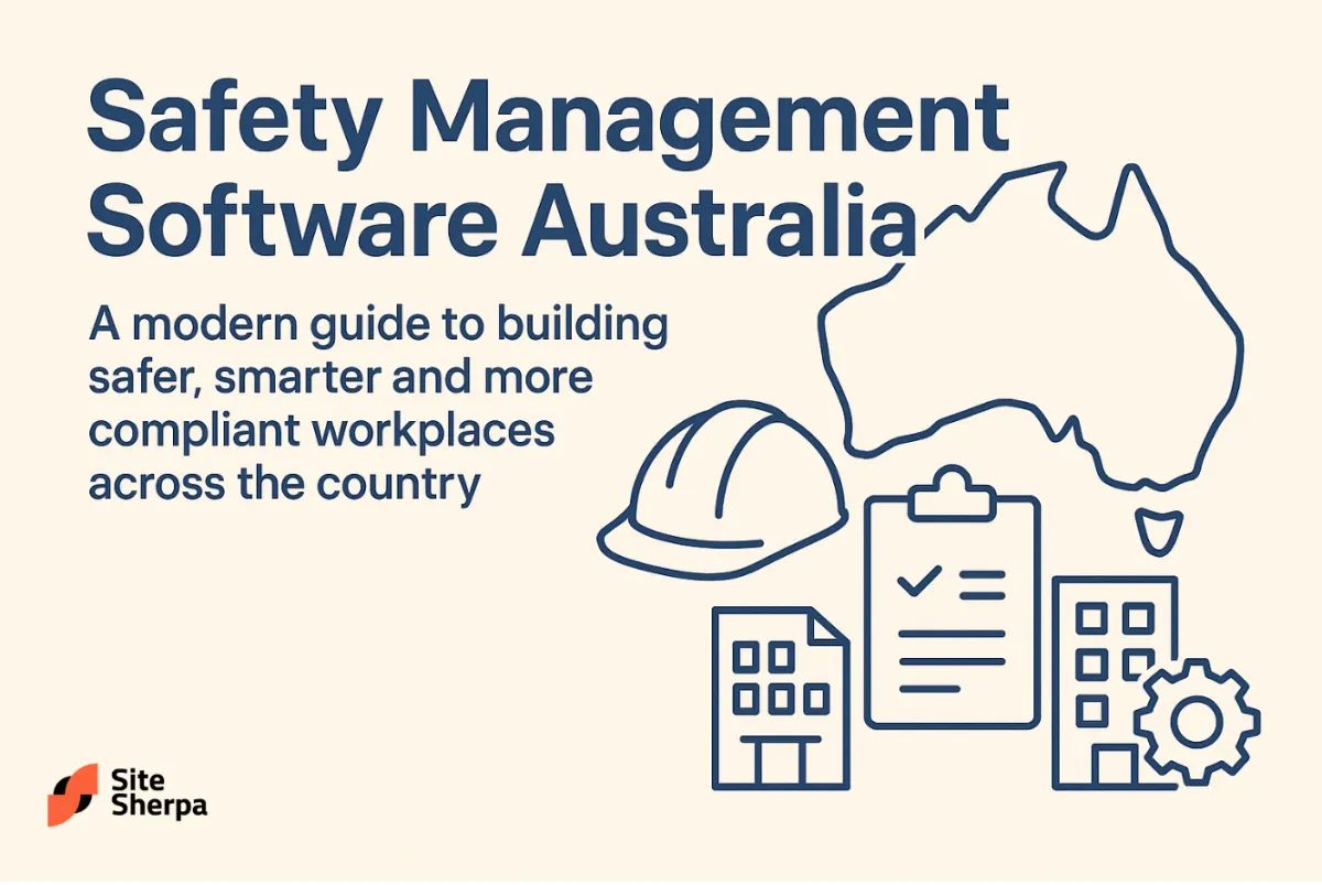 Outline of Australia with hard hat, checklist and buildings, introducing safety management software for Australian workplaces