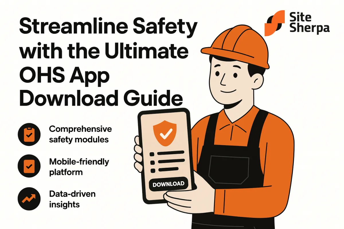 Worker holding a tablet with a download button, highlighting an OHS app's safety modules, mobile platform and data-driven insights