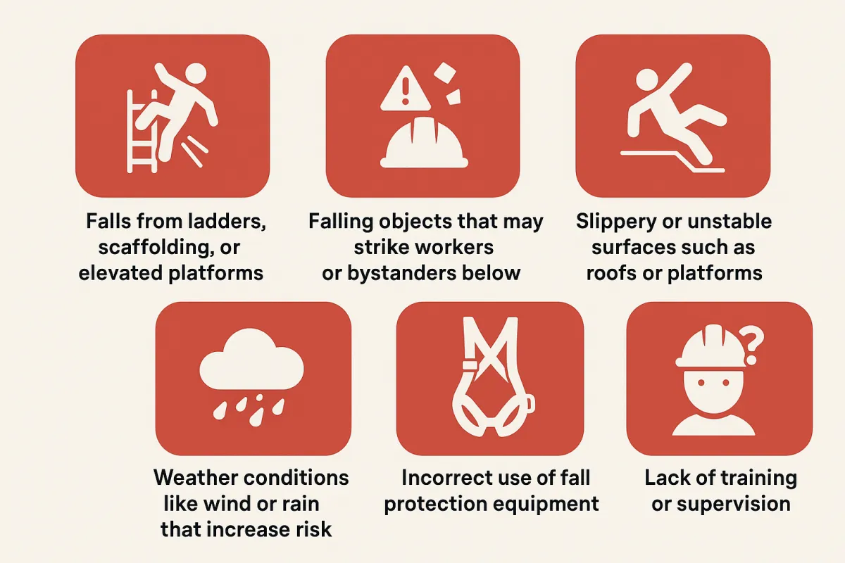 Common working at heights hazards: falls from ladders and scaffolds, falling objects, unstable surfaces, weather, incorrect fall protection use, lack of training