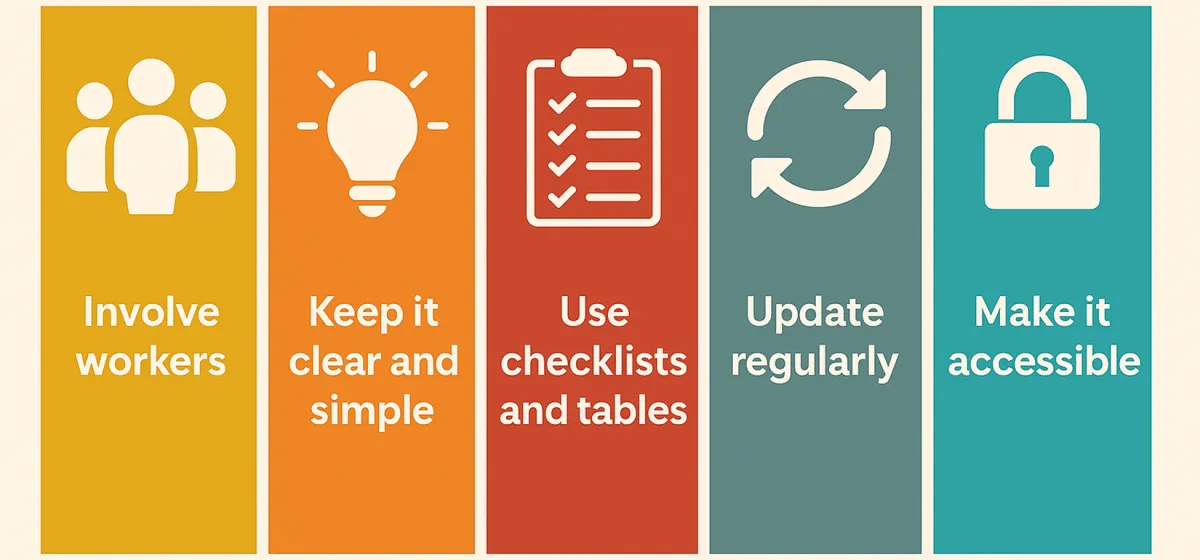 Tips for an effective SWMS: involve workers, keep it clear and simple, use checklists and tables, update regularly, make it accessible