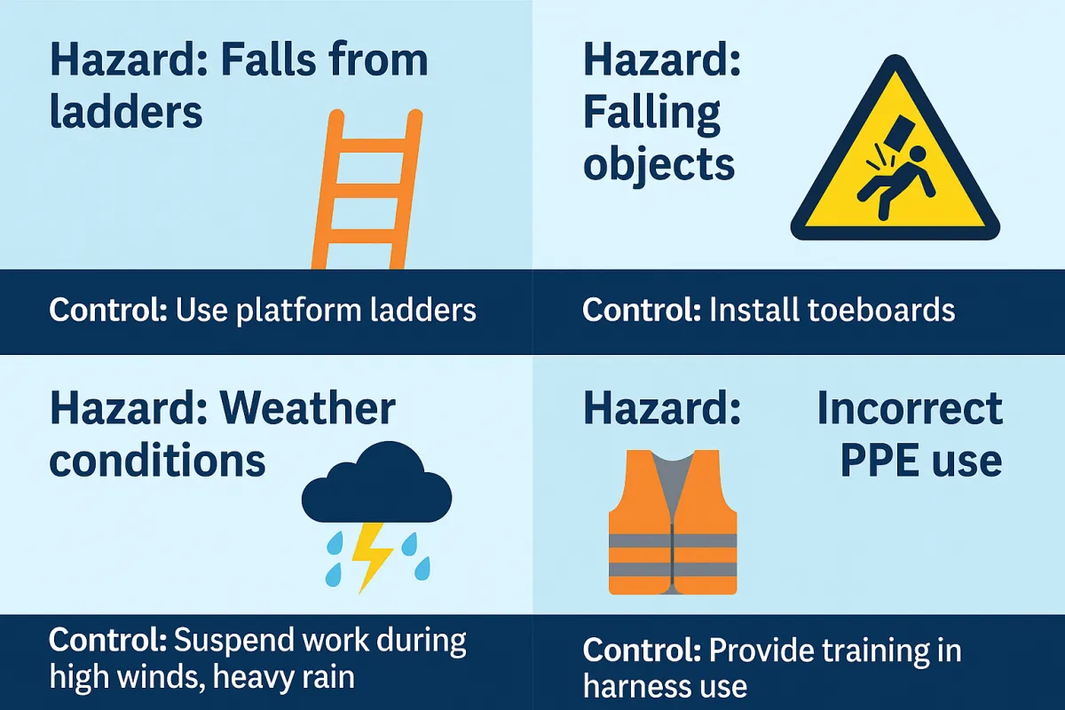 Example working at heights hazards and controls: ladder falls, falling objects with toeboards, weather conditions, and incorrect PPE use with harness training