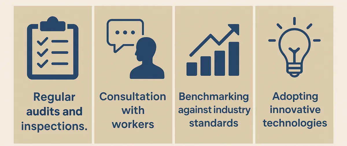 Continuous improvement for working at heights safety: regular audits and inspections, worker consultation, industry benchmarking and adopting new technologies