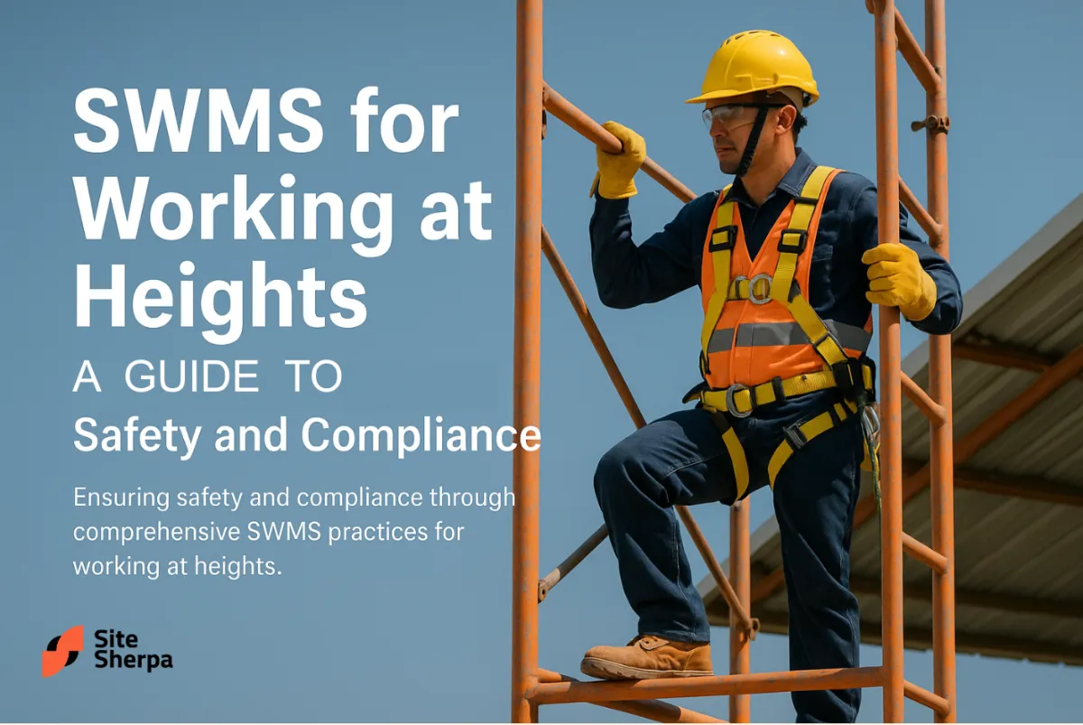 Worker in a fall-arrest harness, hard hat and gloves climbing scaffolding, illustrating SWMS for working at heights