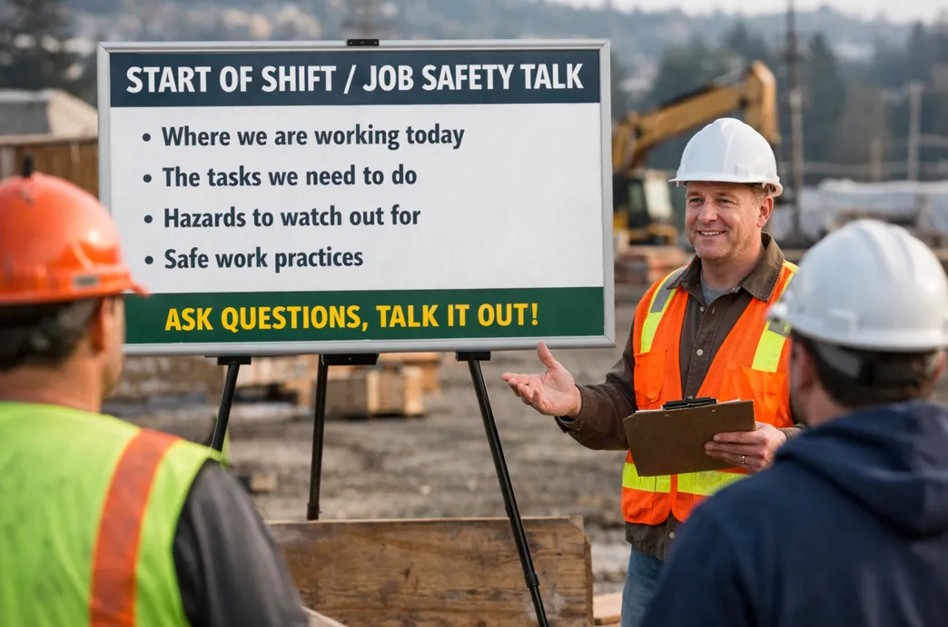 Supervisor running a start-of-shift safety talk beside a board listing work location, tasks, hazards and safe work practices