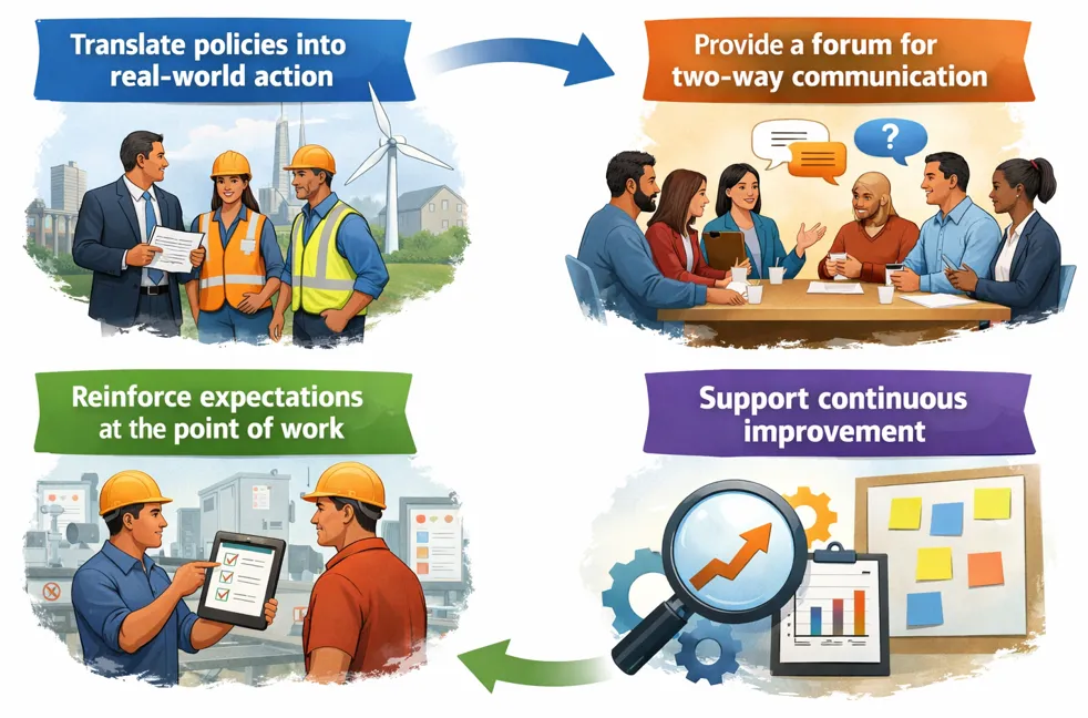 Four roles of toolbox talks: translating policies into action, two-way communication, reinforcing expectations at work and continuous improvement