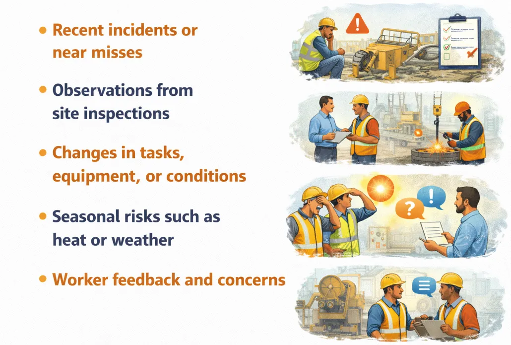 Toolbox talk topic sources: recent incidents and near misses, site inspections, changes in tasks, seasonal risks and worker feedback